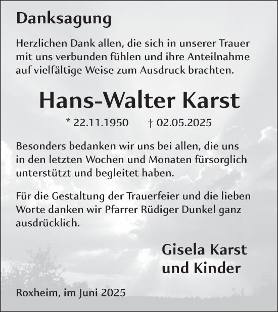 Traueranzeige von Hans-Walter Karst von WochenSpiegel