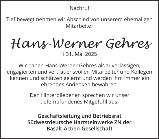 Traueranzeige von Hans-Werner Gehres von WochenSpiegel