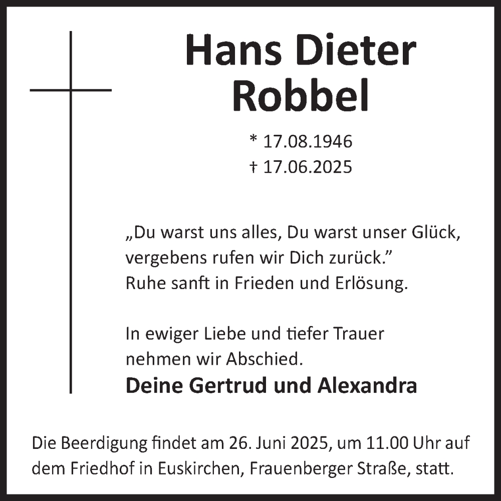  Traueranzeige für Hans Dieter Robbel vom 25.06.2025 aus WochenSpiegel