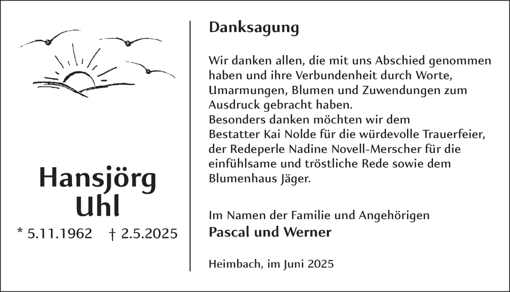  Traueranzeige für Hansjörg Uhl vom 07.06.2025 aus WochenSpiegel