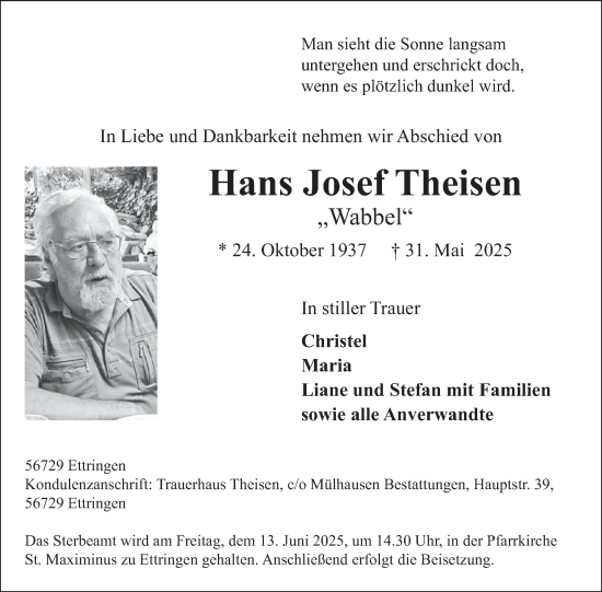 Traueranzeige von Hans Josef Theisen von WochenSpiegel