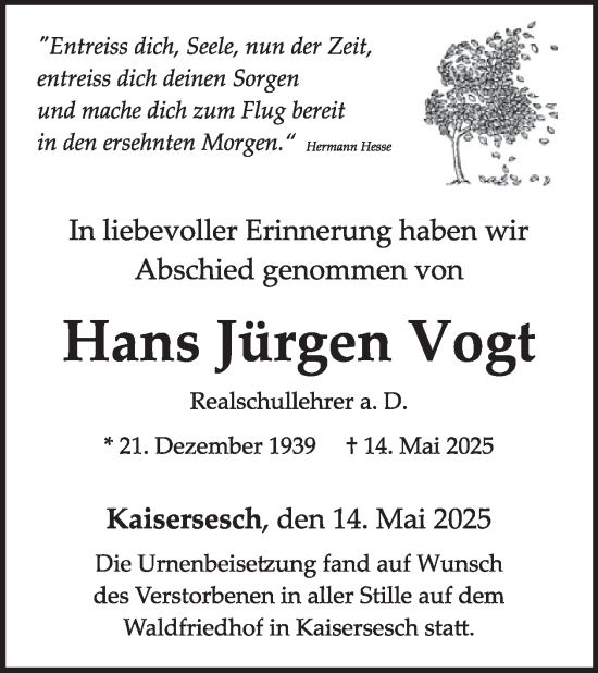 Traueranzeige von Hans Jürgen Vogt von WochenSpiegel
