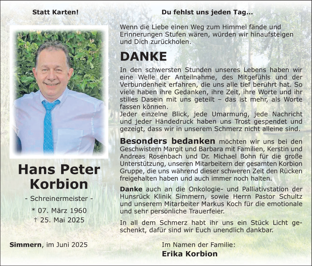  Traueranzeige für Hans Peter Korbion vom 28.06.2025 aus WochenSpiegel