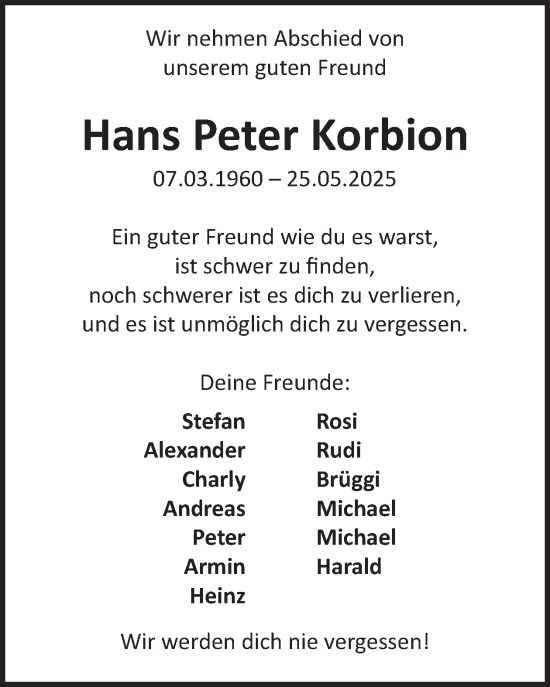 Traueranzeige von Hans Peter Korbion von WochenSpiegel