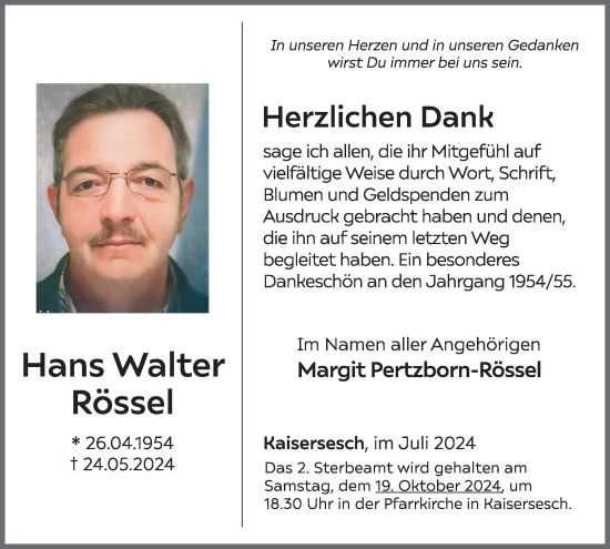 Traueranzeige von Hans Walter Rössel von WochenSpiegel