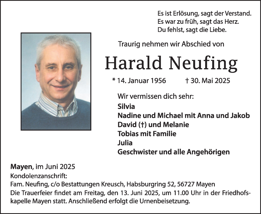  Traueranzeige für Harald Neufing vom 11.06.2025 aus WochenSpiegel