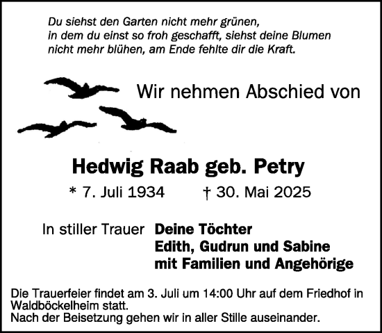 Traueranzeige von Hedwig Raab von WochenSpiegel