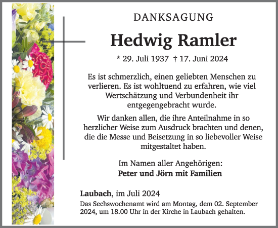 Traueranzeige von Hedwig Ramler von WochenSpiegel