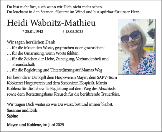 Traueranzeige von Heidi Wabnitz-Mathieu von WochenSpiegel
