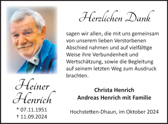 Traueranzeige von Heiner Henrich von WochenSpiegel