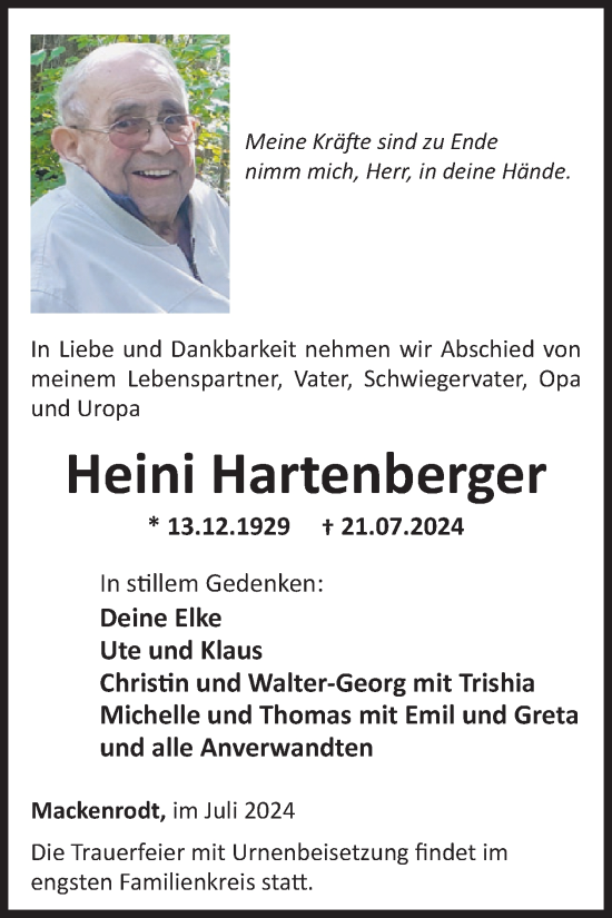 Traueranzeige von Heini Hartenberger von WochenSpiegel