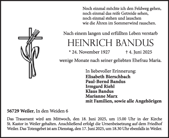 Traueranzeige von Heinrich Bandus von WochenSpiegel