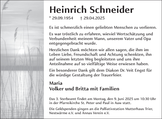Traueranzeige von Heinrich Schneider von WochenSpiegel