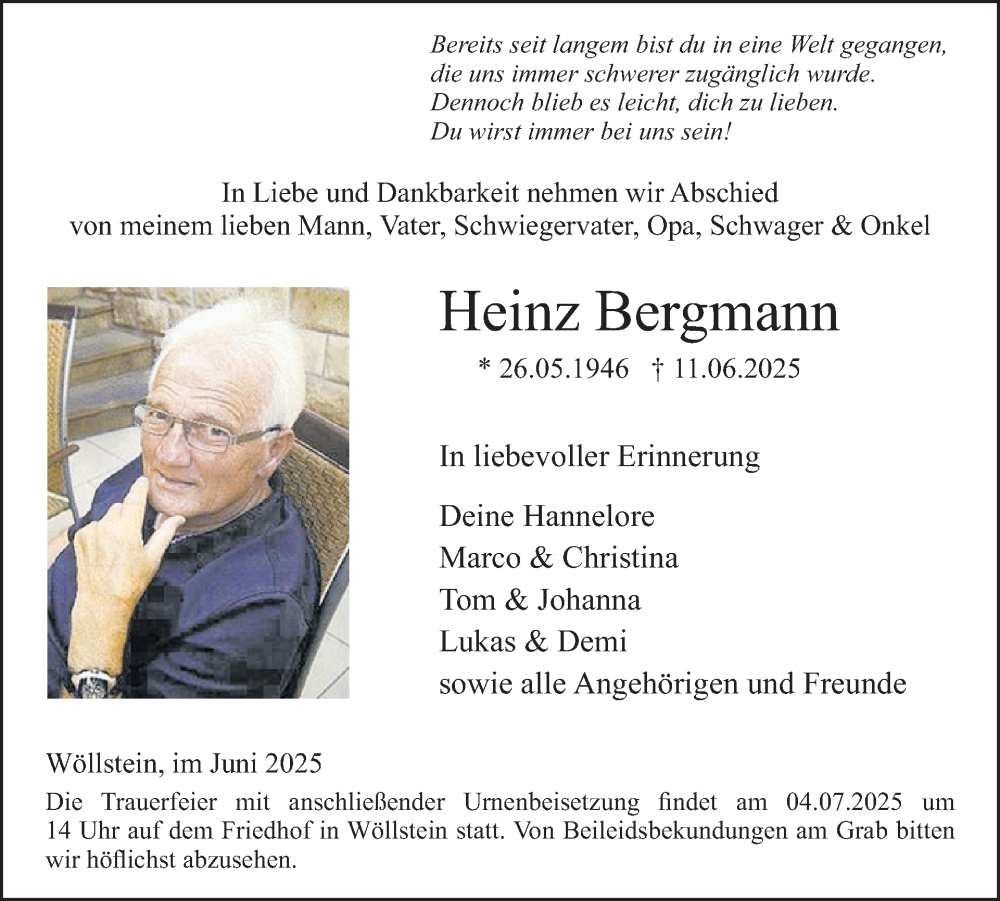  Traueranzeige für Heinz Bergmann vom 28.06.2025 aus WochenSpiegel