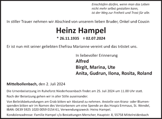 Traueranzeige von Heinz Hampel von WochenSpiegel
