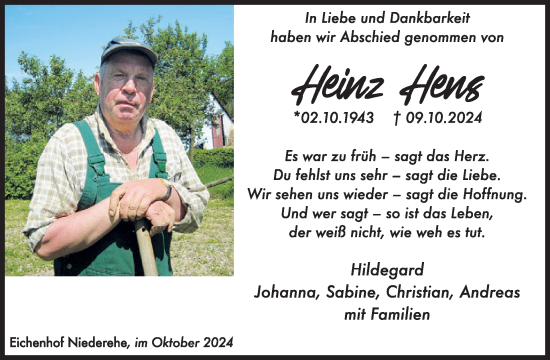 Traueranzeige von Heinz Hens von WochenSpiegel