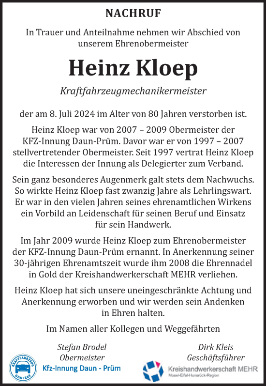 Traueranzeige von Heinz Kloep von WochenSpiegel