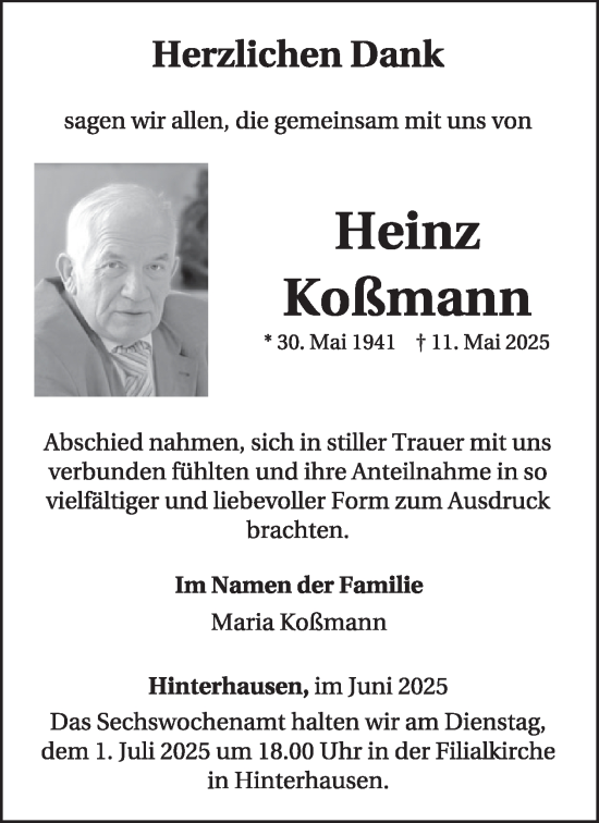 Traueranzeige von Heinz Koßmann von WochenSpiegel