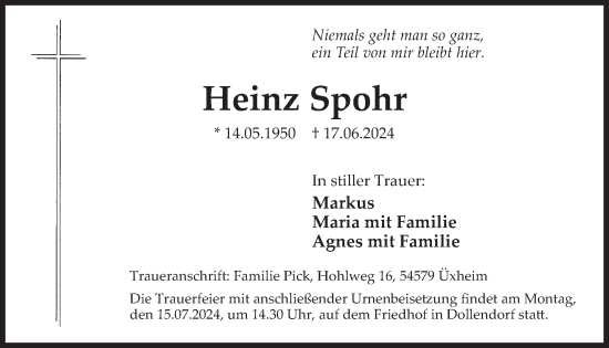 Traueranzeige von Heinz Spohr von WochenSpiegel