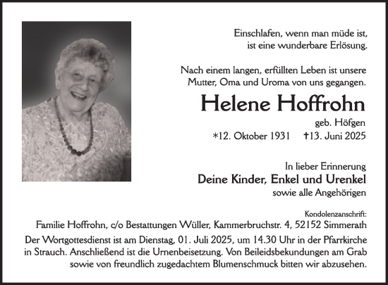 Traueranzeige von Helene Hoffrohn von WochenSpiegel