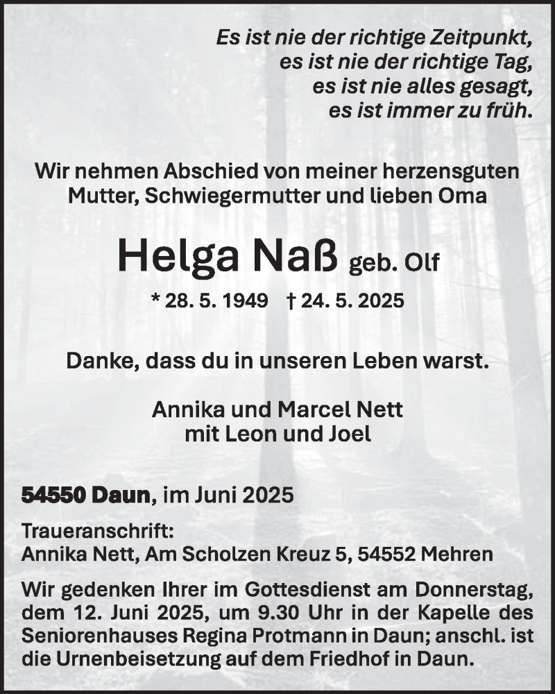  Traueranzeige für Helga Naf vom 07.06.2025 aus WochenSpiegel