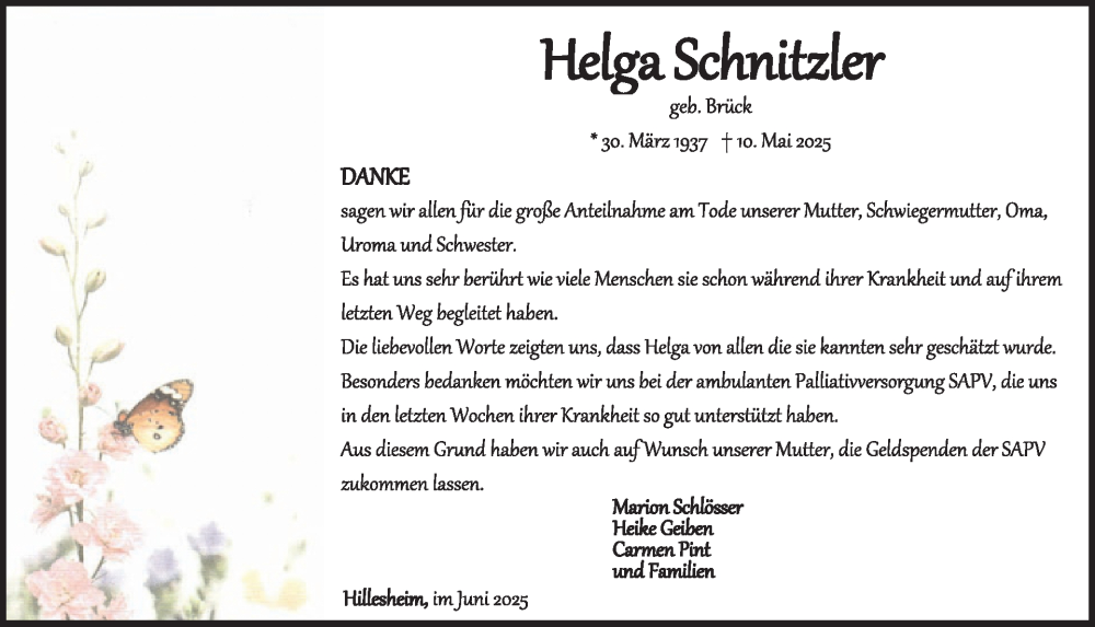 Traueranzeige für Helga Schnitzler vom 07.06.2025 aus WochenSpiegel
