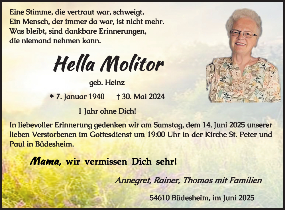  Traueranzeige für Hella Molitor vom 06.06.2025 aus WochenSpiegel