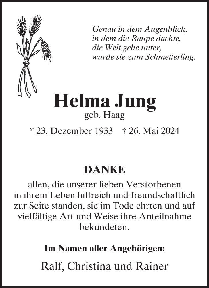  Traueranzeige für Helma Jung vom 06.07.2024 aus WochenSpiegel