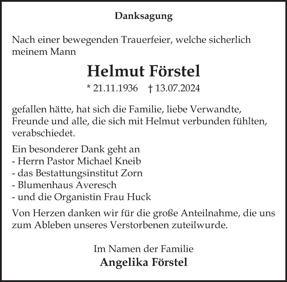  Traueranzeige für Helmut Förstel vom 07.09.2024 aus WochenSpiegel