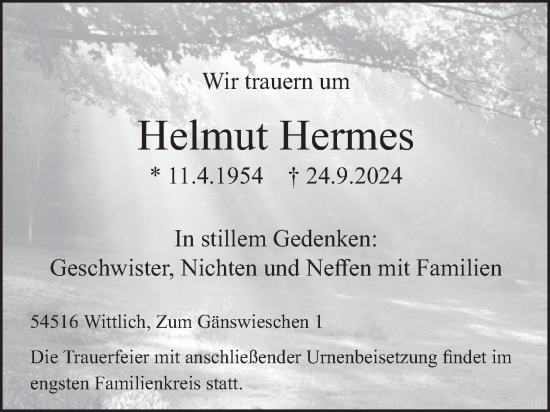Traueranzeige von Helmut Hermes von WochenSpiegel