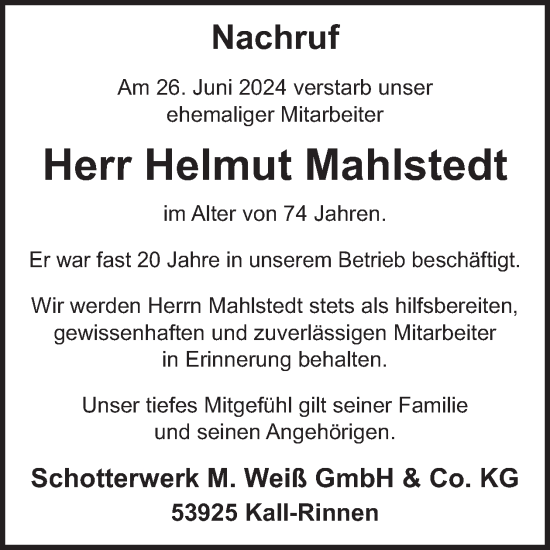 Traueranzeige von Helmut Mahlstedt von WochenSpiegel