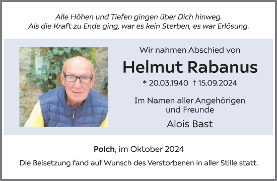 Traueranzeige von Helmut Rabanus von WochenSpiegel