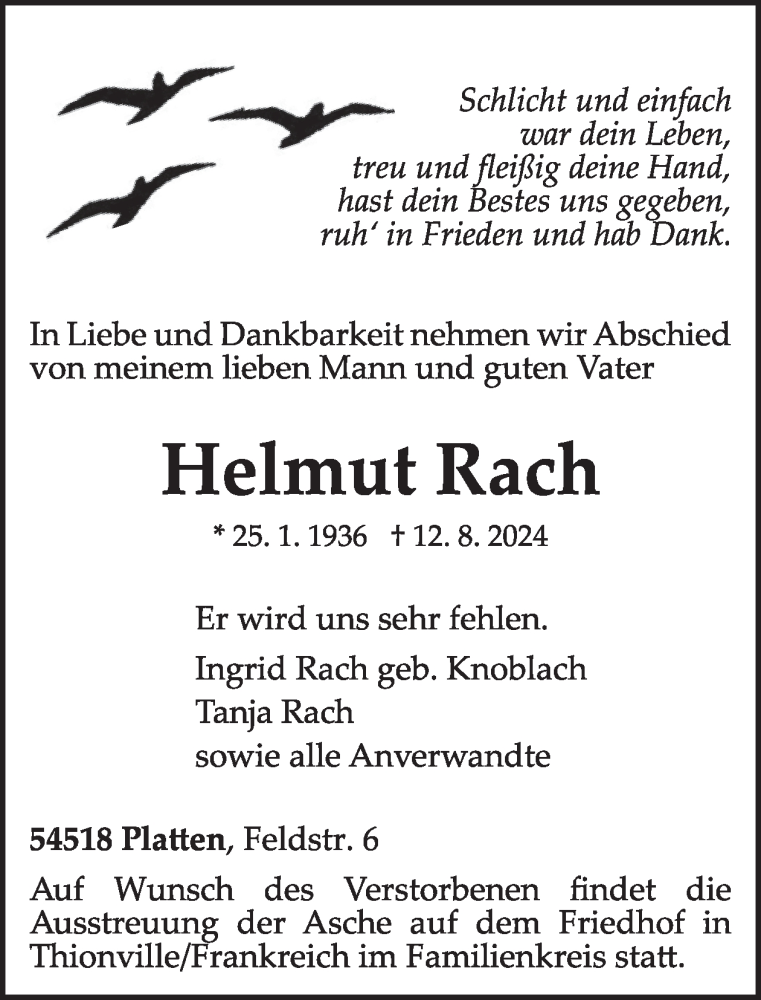  Traueranzeige für Helmut Rach vom 16.08.2024 aus WochenSpiegel