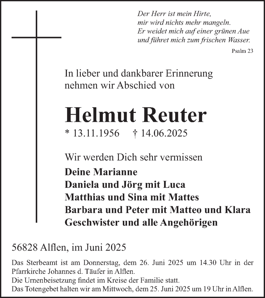  Traueranzeige für Helmut Reuter vom 25.06.2025 aus WochenSpiegel