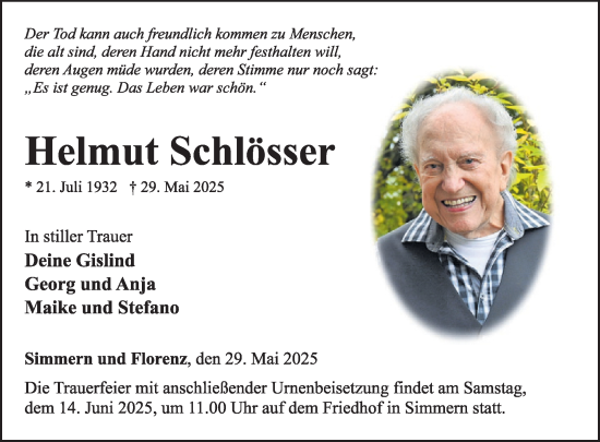 Traueranzeige von Helmut Schlösser von WochenSpiegel
