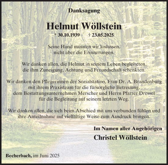 Traueranzeige von Helmut Wöllstein von WochenSpiegel