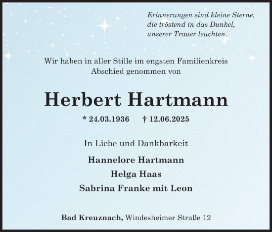 Traueranzeige von Herbert Hartmann von WochenSpiegel