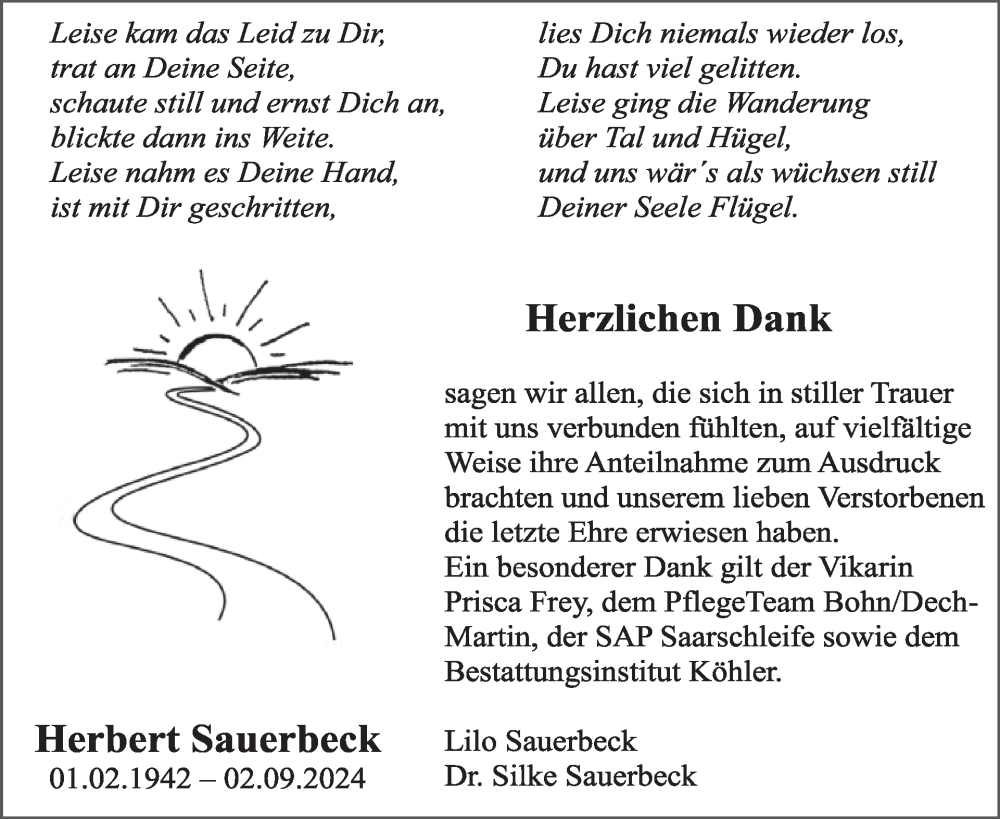  Traueranzeige für Herbert Sauerbeck vom 05.10.2024 aus WochenSpiegel
