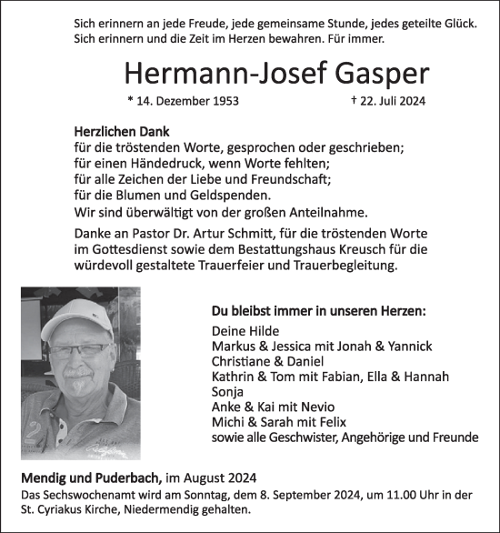 Traueranzeige von Hermann-Josef Gasper von WochenSpiegel