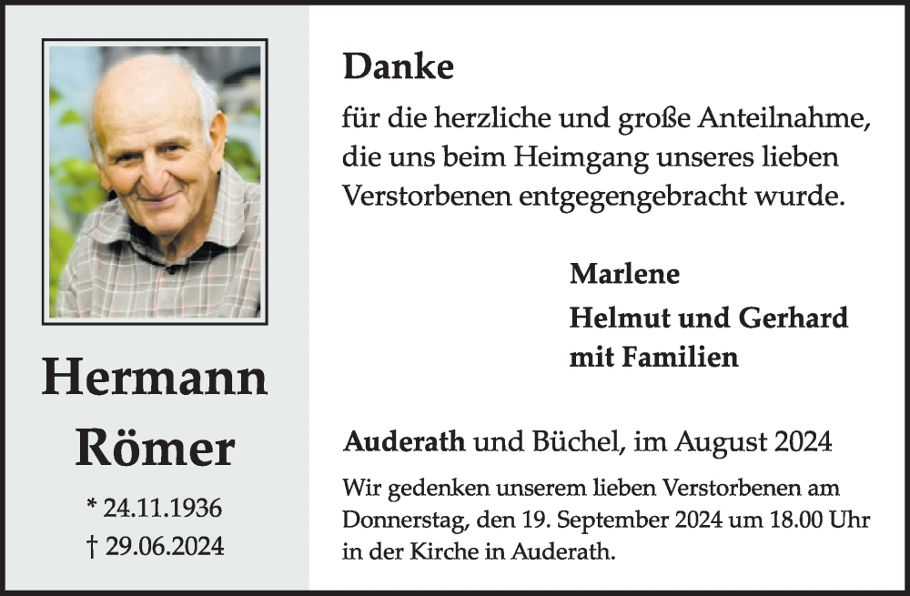  Traueranzeige für Hermann Römer vom 07.08.2024 aus WochenSpiegel