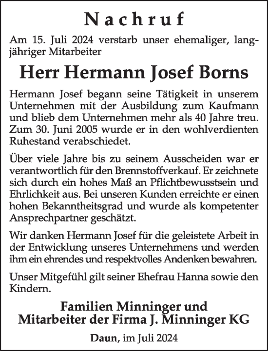 Traueranzeige von Hermann Josef Borns von WochenSpiegel