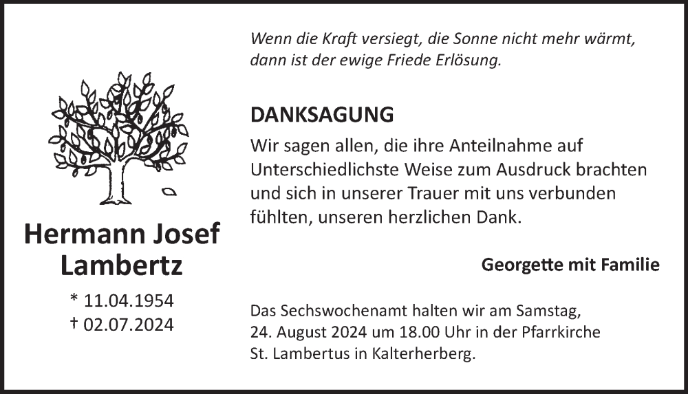  Traueranzeige für Hermann Josef Lambertz vom 21.08.2024 aus WochenSpiegel