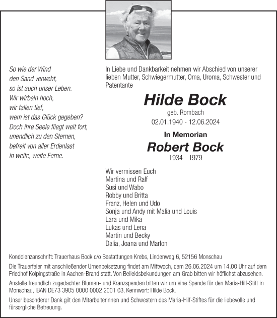 Traueranzeige von Hilde Bock von WochenSpiegel