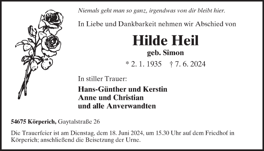  Traueranzeige für Hilde Heil vom 14.06.2024 aus WochenSpiegel