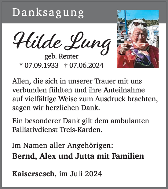 Traueranzeige von Hilde Lung von WochenSpiegel