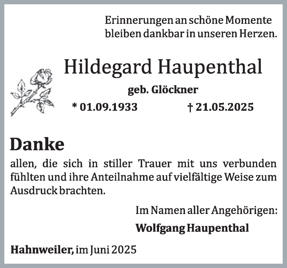  Traueranzeige für Hildegard Haupenthal vom 21.06.2025 aus WochenSpiegel