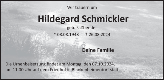 Traueranzeige von Hildegard Schmickler von WochenSpiegel