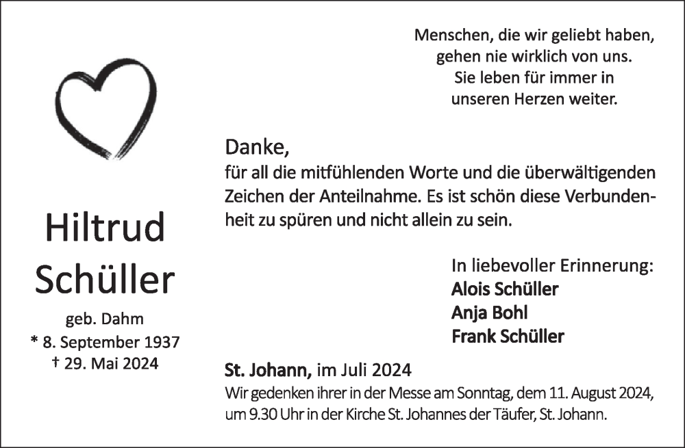  Traueranzeige für Hiltrud Schüller vom 24.07.2024 aus WochenSpiegel