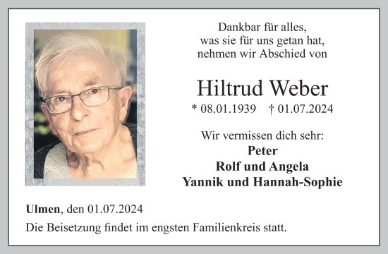 Traueranzeige von Hiltrud Weber von WochenSpiegel