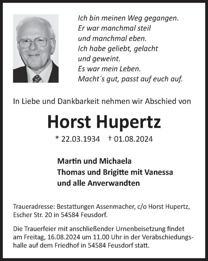  Traueranzeige für Horst Hupertz vom 07.08.2024 aus WochenSpiegel